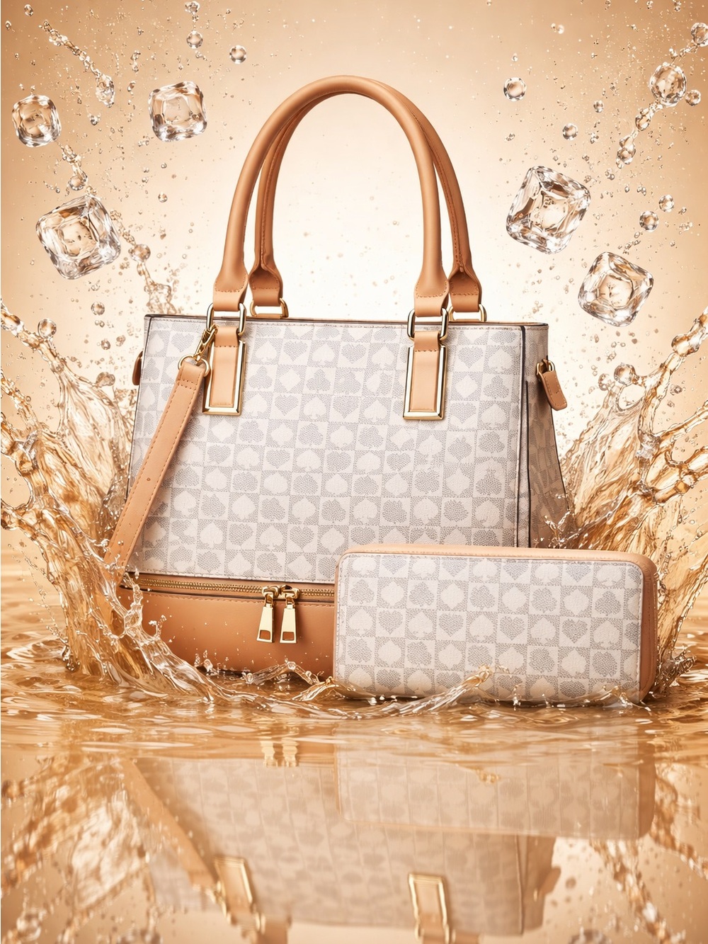 Elegant White/Gray Patterned Satchel and Wallet Set.